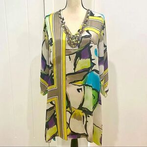 VINTAGE Bejeweled Abstract Colorful Graphic Tunic Blouse Top